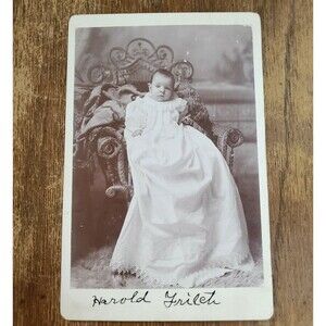 Antique Cabinet Card Photograph Victorian Baby Long Gown Harold Fritch Portrait
